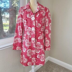 Boden 100% Cotton Trench Coat Womens 12 Red White Floral Charming Classic Preppy